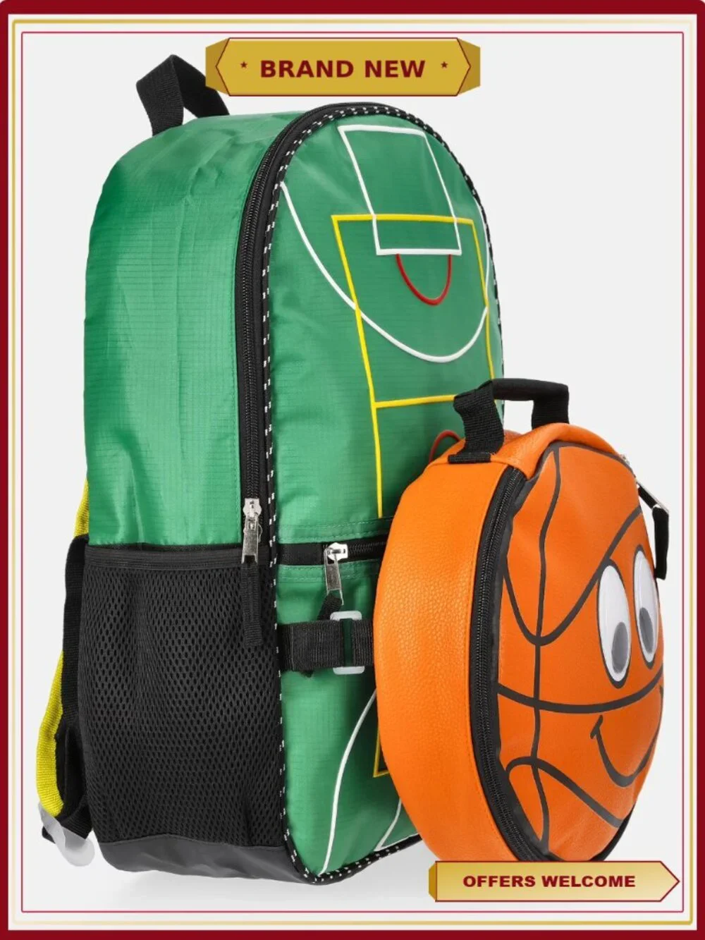 Boys Basketball Backpack Lunch Set 17 Inch Insulated Laptop Sleeve